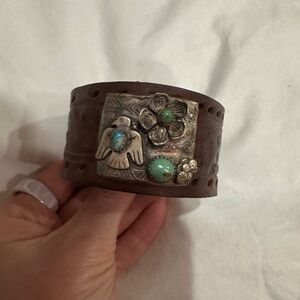 Brown Leather Cuff Bracelet with Silver Accents